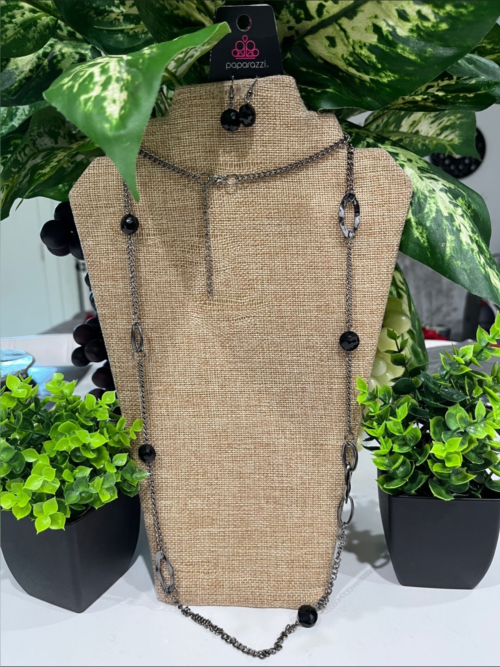 Paparazzi long Gunmetal and Black Beaded Lariat Necklace Set